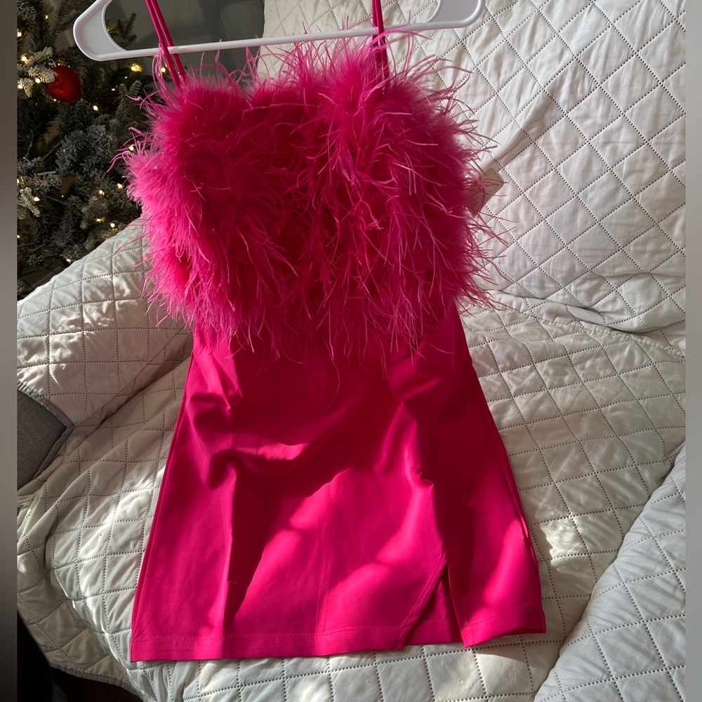 Main Strip Hot Pink Feather-Trim Mini Dress